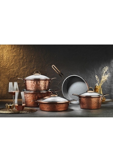 Brioni Copper 9 Parça Yanmaz Yapışmaz Bakır Görünümlü Granit Tencere Seti Bakır