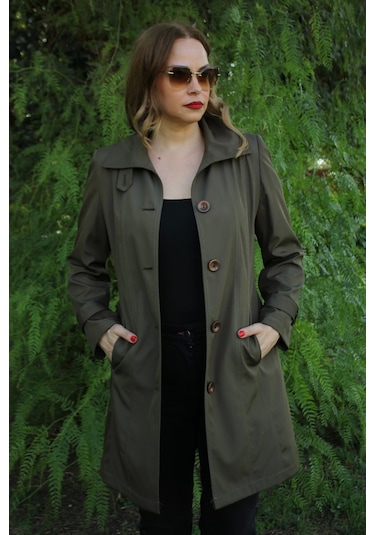 1671 Kolu Düğme Detaylı Uzun Kapişonlu Haki Büyük Beden Kadın Ceket Haki