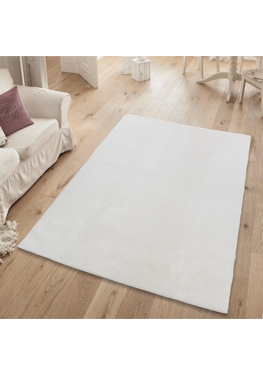 Yumuşak Peluş Halı Kaymaz Tabanlı, Yıkanabilir, Modern Dokulu Halı Krem
