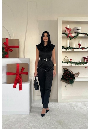 Ahes Shopping Siyah Vatkalı Kemerli Tulum Siyah