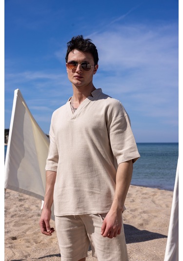 Bej Renk V Yaka Gömlek Şort Erkek Yıkamalı Keten Takım-1737 Bej