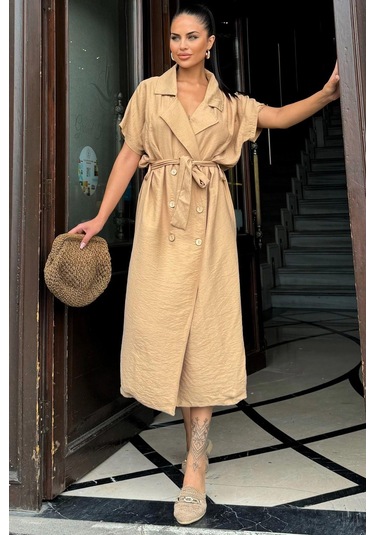 Kadın Bej Kruvaze Yaka, Kısa Kollu, Kemer Detaylı, Rahat Kesim, Midi Keten Elbise Bej