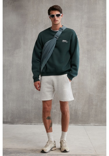 Ernest Erkek Organik Pamuklu Yumuşacık Baskı Detaylı Bisiklet Yaka Içi Polarlı Koyu Yeşil Sweatshirt