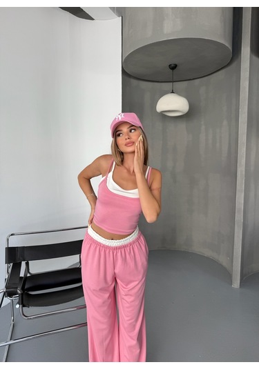 Kadın Çift Kat Detaylı Modal Dokulu Alt Üst Takım Pembe