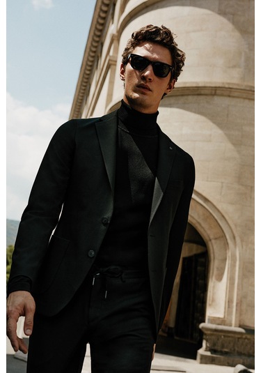 Ac&Co / Altınyıldız Classics Erkek Sıyah Slim Fit Dar Kesim Mono Yaka Casual Ceket Sıyah Siyah