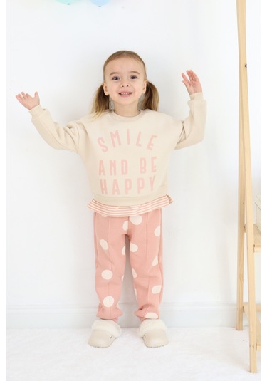 Kız Çocuk Smile And Happy Baskılı Kalın Eşofman Takımı Ekru