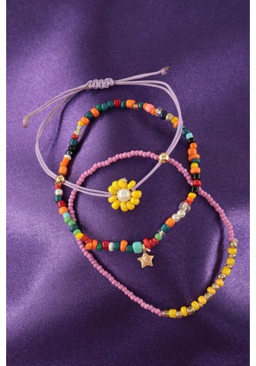 3lü Yıldızlı Çiçekli Boncuklu Asansörlü Bileklik. Lastikli Bileklik, Kadın İp Bileklik Halhal. Çok Renkli