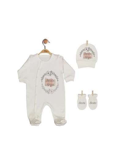 Pia Baby Gl 1908-01 İsme Özel Üçlü Tulum Set Krem