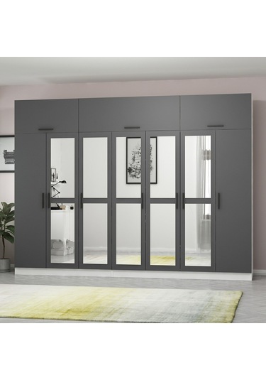 Minar Kale 7 Kapaklı 5 Aynalı 4 Ç Dolap Ve Yüklük Beyaz Antrasit 255cm Çok Renkli