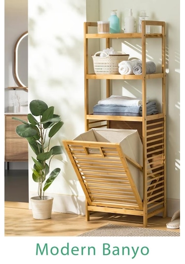 Digithome Bambu Kirli Sepetli 3 Raflı Çok Amaçlı Banyo Düzenleyici Çamaşır Sepeti Organizer Db-0002 Diğer