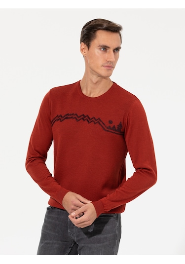 Cacharel Kiremit Slim Fit Bisiklet Yaka Triko Kazak Kırmızı
