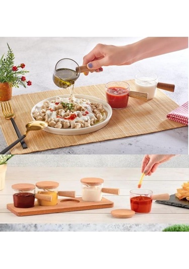 Flosoft Doğal Ahşap Stantlı Ahşap Kapaklı 4 Lü Mika Sosluk, Baharat Reçel Sos Sunum Seti