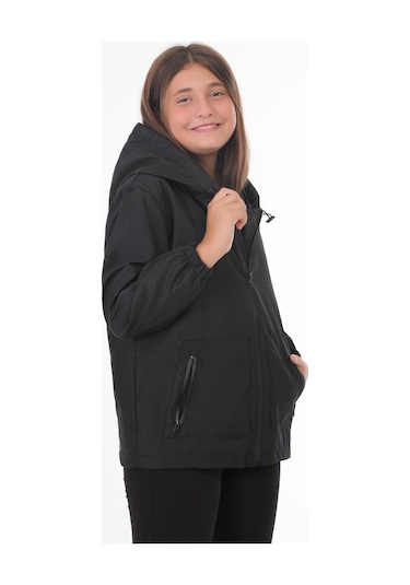 Kız Çocuk Siyah İçi Astarlı Su Ve Rüzgar Geçirmez Kapüşonlu Çift Fermuarlı Cepli Yağmurluk Siyah