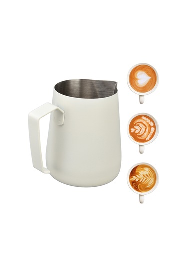 Mufunye 304 Çelik Kahve Süt Köpük Kupa, Uçlu Açık, 450ml, Kalın Cisim, Profesyonel Desenler İçin, Beyaz