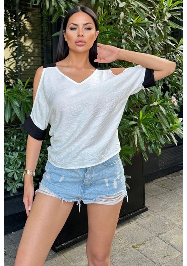 Kadın Ekru Omuz Dekolteli Kısa Kol, Salaş Keten Bluz Ekru
