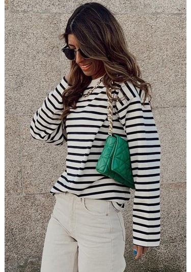 Beyaz Çizgili Sweatshirt Mg2572 Beyaz