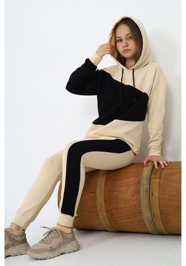 Kız Çocuk %100 Pamuk Garnili Kapüşonlu Uzun Kol Alt&üst Eşofman Takım-eşt-0018 KREM