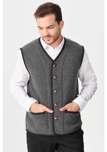 Desen Triko Erkek V Yaka Keçe Aksesuarlı Pike Dokuma Yün Yelek 02422569 Füme
