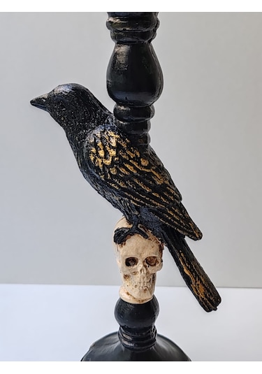 Gotik Tasarım Siyah Kuş Ve Kafatası Şamdan, Mumluk, El Yapımı, Ev Dekoru Siyah