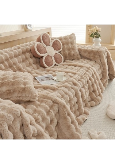 Willowhaven Kış Yumuşak Tavşan Peluş Kanepe Havlusu, Modern Açık Kahve Örtü, 180x130 Cm, Kombine Kanepe İçin Açık Kahve