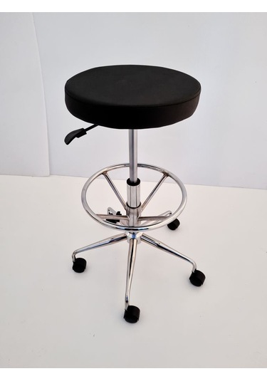 Siyah Deri Tekerlekli Yüksek Bar Boy Laboratuvar Taburesi