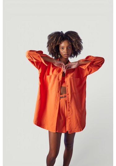 Holly Lolly Oversize Model Düğme Kapamalı Leti Gömlek Turuncu