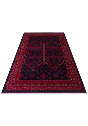 Herat Her 01 Navy Afgan Desenli Viskon Sık Dokuma Kaymaz Tabanlı İnce Makine Halısı