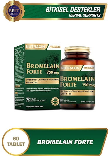 Nutraxin Bromelain Forte 750 mg 60 Tablet Krom Yeşilçay Probiyotik