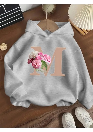 Kışlık Kapüşonlu Sweatshirt, Çocuk Çiçekler M Harfli Baskılı Gri
