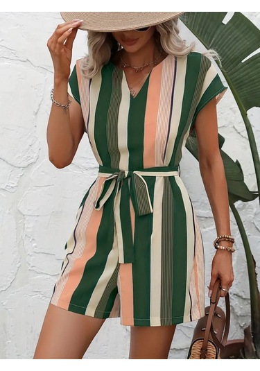 The İstanbul Kadın Kısa Kollu V Yakalı Beli Kuşaklı Keten Tulum Yeşil