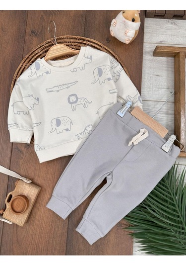 Safari Baskılı Mevsimlik Erkek Bebek 2li Takım Gri