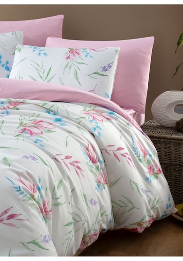 Mystory Home  Lastikli Çarşaflı Çift Kişilik Nevresim Takımı Tulip Pembe - Yeşil