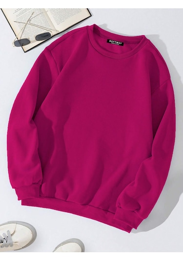 Unisex Oversize Bisiklet Yaka Basic Düz Sweatshirt - Fuşya