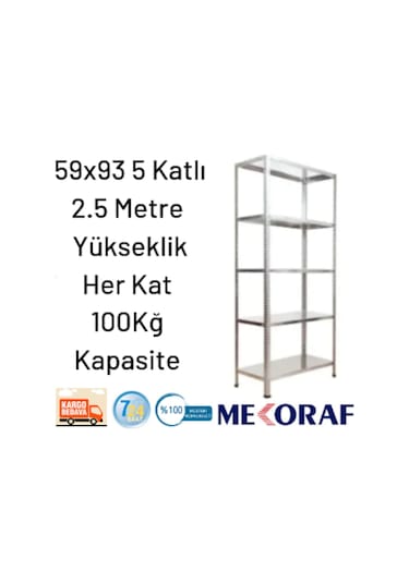 Mekoraf 59X93 5 Katlı 2.5 Metre Yükseklik Raf Sistemi Gri