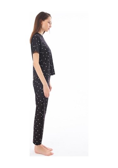 Premium Kadın Pijama Takımı Siyah Kalp Desenli Yumuşak Dokulu Kısa Kollu Bisiklet Yaka Siyah