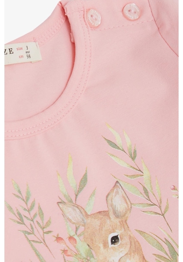 Breeze Kız Çocuk Uzun Kollu Elbise Çiçek Desenli Sevimli Ceylancık Baskılı 1.5-5 Yaş, Pembe-pembe Pembe