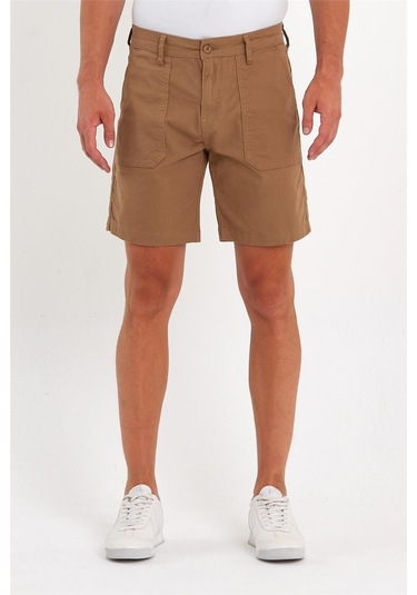 Erkek Likralı Yandan Cepli Kot Şort Hardal