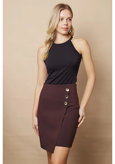 Kadın Arkadan Fermuarlı Düğme Detaylı Hafif Likralı Kumaş Diz Üstü Kalem Etek-kahve Kahve