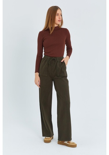 4572 Kadın Parça Boya Palazzo Pantolon Haki Haki