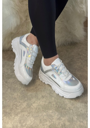Günlük Kadın Spor Ayakkabı Yüksek Kalın Taban 6 Cm Suni Deri Sneaker 001 Beyaz Hologram