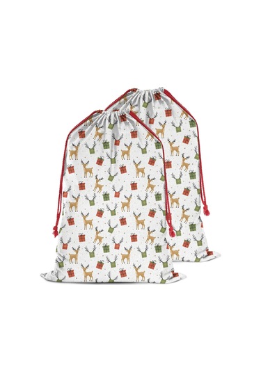 Büyük Noel Baba Hediye Çantası, Pamuklu Kordonlu, Yeniden Kullanılabilir Noel Geyik Hediyesi