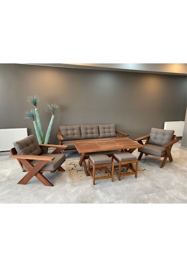 Verona Masif Ahşap Bahçe Koltuk Takımı Kestane Ağacı 3+1+1 Masa Kahverengi