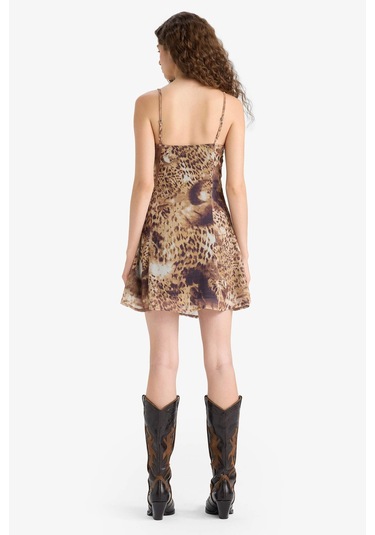Defacto V Yaka Leopar Desenli Şifon Askılı Mini Elbise F7946ax25smbn341 Kahve