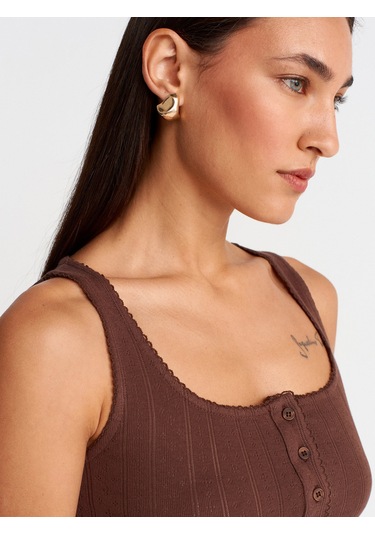 Dilvin 21069 Düğmeli Kare Yaka Top-açık Kahve Açık Kahve