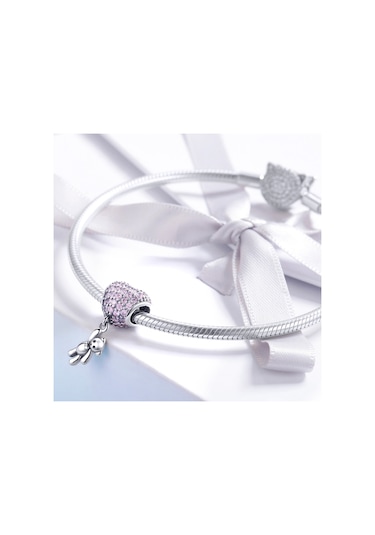 S925 Ayar Gümüş Ayı Balon Kalp Şeklinde Kakma Zirkonyum Pırlanta Dıy Boncuk Bilezik Aksesuarları, Stil: Boncuk Çok Renkli