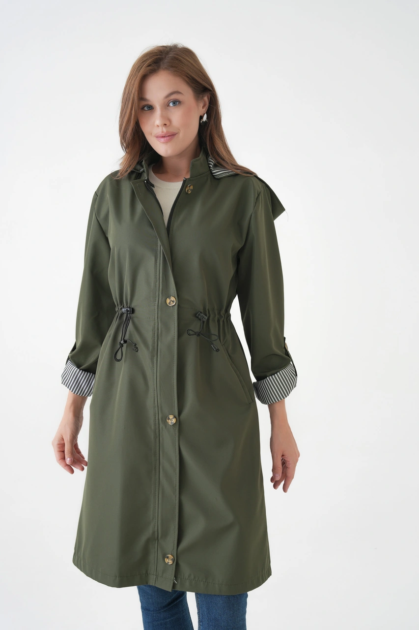 Kadın Rüzgar Ve Su Geçirmez Bondit Kumaş Çıkarılabilir Düğmeli Kapüşon Beli Tünelli Mevsimlik Trençkot Haki