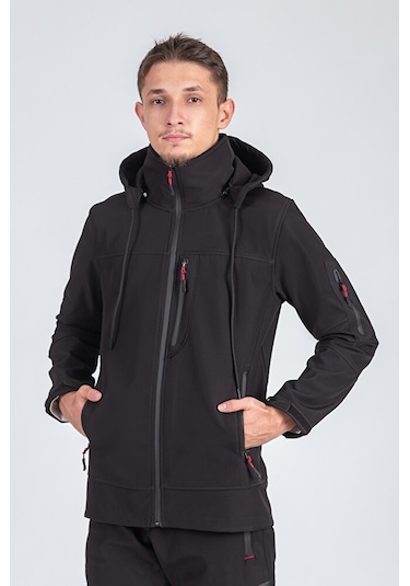 Suya Dayanıklı Slim Fit Softshell Kapüşonlu Erkek Mont Siyah Suya Dayanıklı Slim Fit Softshell Kapüşonlu Erkek Mont Siyah