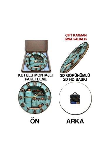 Retro Mutfak Temalı Çift Katmanlı Mdf Duvar Saati 33 Cm 3d Görünümlü 2d Hd Baskı Sdw361 Renkli