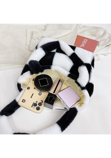 Peluş Kabarık Taşıma Çantası Büyük Kapasiteli El Çantaları Ve Siyah