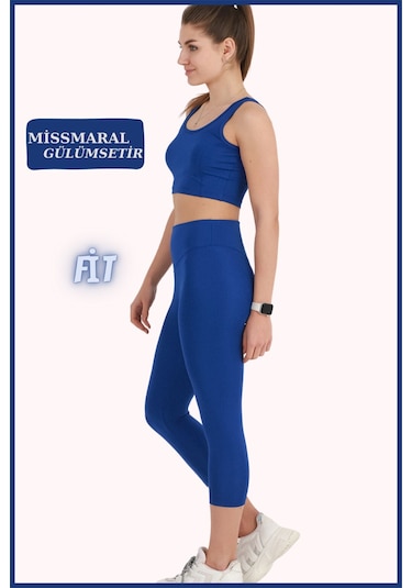 Kadın Yüksek Bel Toparlayıcı Kapri Tayt Saks Mavi Dar Paça Karyoka Dikiş Detaylı Capri 1020 Sax Mavi